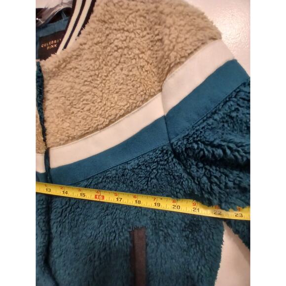 Celebrity Pink Jacket Faux Fur Varsity Bomber Teddy Coat Green Beige Women Sz L - Picture 12 of 16